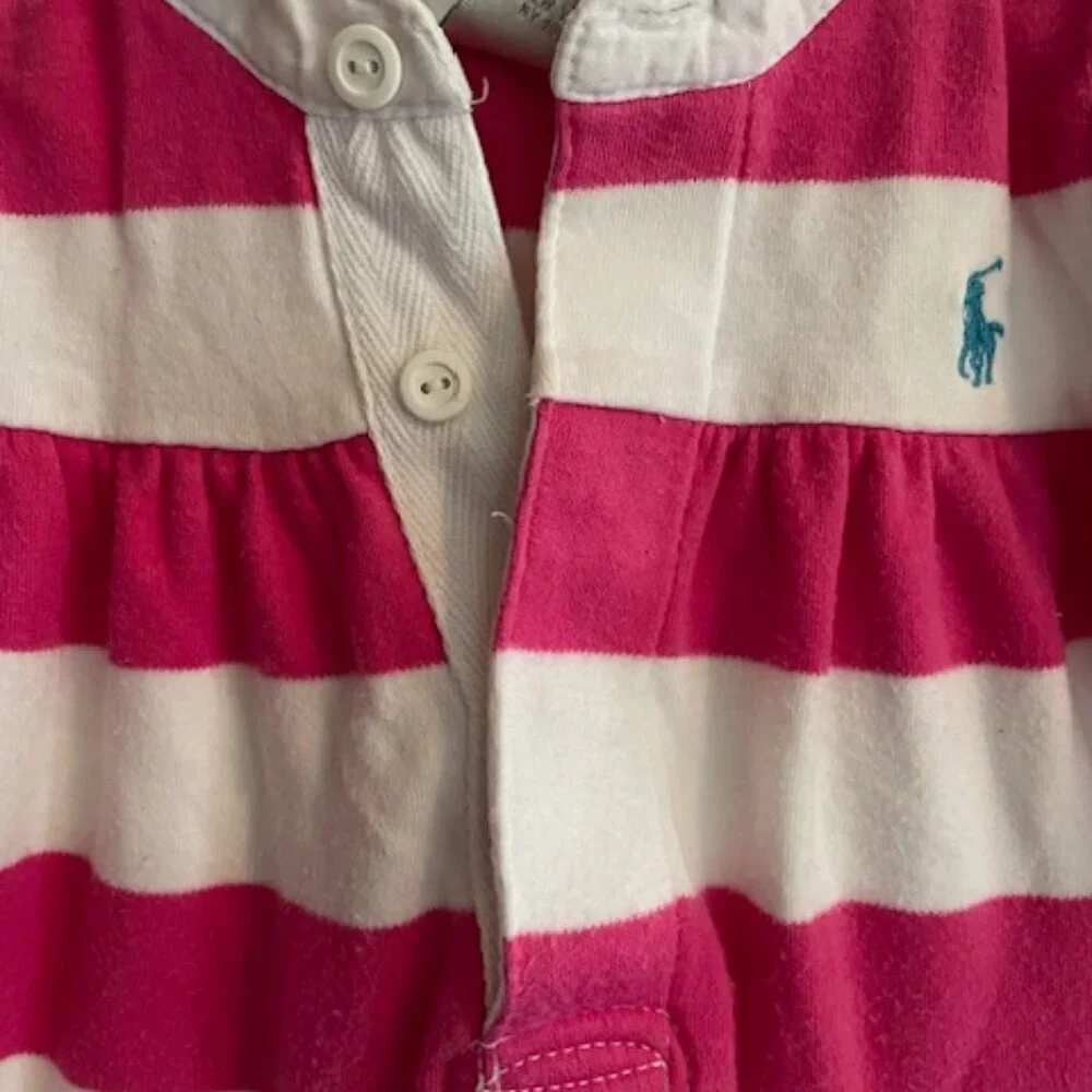 RALPH LAUREN Coverall Romper Long Sleeve Pink White Stripe 9 Mos